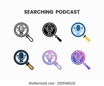 Find Podcast icon set with line, outline, glyph, filled line, flat color, line gradient and flat gradient. Can be used for digital product, presentation, print design and more.