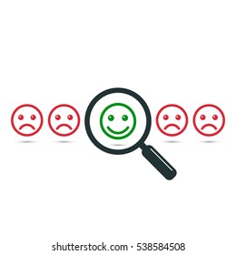 Find positive people concept. Magnifying glass with positive and negative emoticon or smiley. Search positive emoticon among negative emoticons. Vector color illustration.