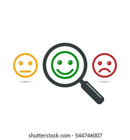 Find positive people concept. Magnifying glass with positive and negative emoticon or smiley. Search positive emoticon among negative emoticons. Vector color illustration.