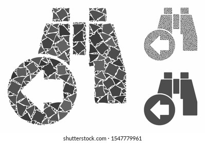 Find previous binoculars mosaic of uneven parts in variable sizes and color tinges, based on find previous binoculars icon. Vector bumpy parts are united into mosaic.