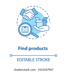 Find product blue concept icon. Dropshipping service idea thin line illustration. Searching goods. Internet store. Delivering package to customer. Vector isolated outline drawing. Editable stroke