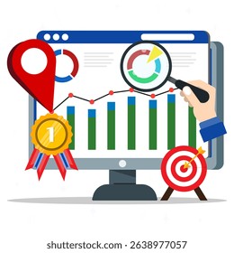 Find profitable locations, strategic investments, online information search. Computer screen with pin location and target.