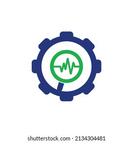 Find pulse gear shape logo designs concept. Magnifier and heartbeat logo template. Pulse trace and loupe vector.