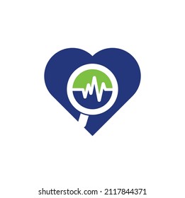 Find pulse heart shape logo designs concept. Magnifier and heartbeat logo template. Pulse trace and loupe vector.