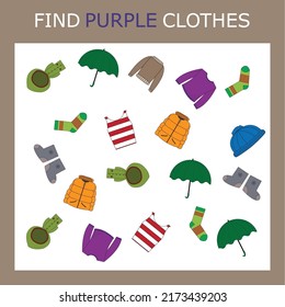 Find  purple  clothes. Preschool worksheet, worksheet for kids, printable worksheet
