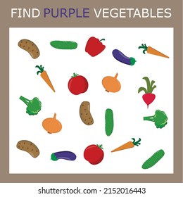 Encuentra verduras moradas entre las multicolores. Juego educativo infantil.