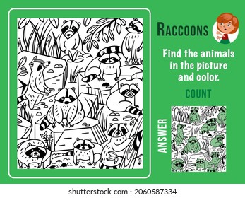 Find raccoons, color and count. Games for kids. Puzzle game with hidden objects. Funny cartoon characters. Vector illustration. Black and white outline for colouring in. 