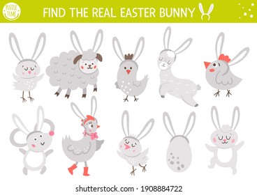 Find real bunny. Easter matching activity for children. Funny spring educational logical quiz worksheet for kids. Simple printable game with cute animals with rabbits ears
