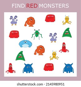 Find the red monster character among others. Looking for red. Logic game for children.
