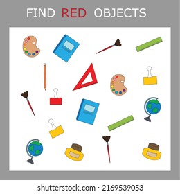 Find the  red stationery for school character among others. Looking for red. Logic game for children.
