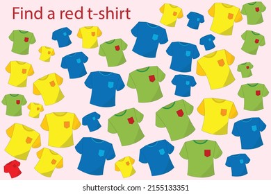 Find the red t-shirt  among the others. Preschool worksheet, worksheet for kids, printable worksheet