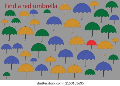 Find the red umbrella among the others. Preschool worksheet, worksheet for kids, printable worksheet
