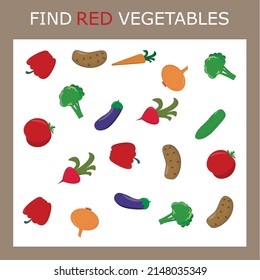 Find red-colored vegetables among the multi-colored ones. Children's educational game.