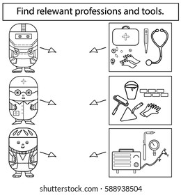 Find relevant professional and tools, education game for children. Vector black and white.