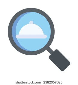 Find restaurant icon in flat icon. Magnifying glass, search, food tray, cafe,