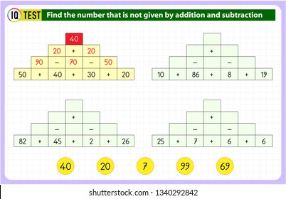 Find the result by doing the pyramid math operation, Addition and subtraction. IQ Test Practical questions intelligence questions Practical Questions. Worksheet. Mathematical puzzle game. Learning mat