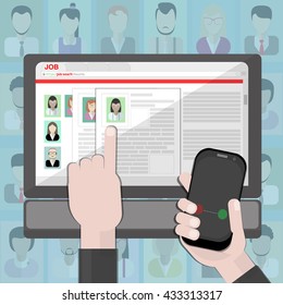 Find resume and hiring. Finding staff on internet. Choose candidate and analyze cv. Professional company resources.