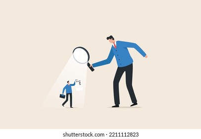 Find the Right Candidates. Searching the best candidate or job human resources head. looks for talent within the company. businessman use magnifying glass to select job interviewers.