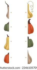 Encuentra la mitad correcta para varias calabazas otoñales. Plantilla de hoja de cálculo vectorial para clases preescolares. Plantilla de juego de jardinería educativa para niños. Coincide con las mitades. 