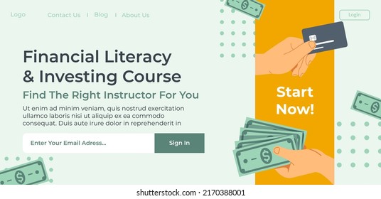 Find right instructor for you and start financial literacy and investing course. Obtaining knowledge for business or personal life. Website landing page template, online site. Vector in flat style