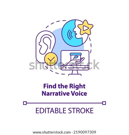 Find right narrative voice concept icon. Voice over. Sales online training videos abstract idea thin line illustration. Isolated outline drawing. Editable stroke. Arial, Myriad Pro-Bold fonts used
