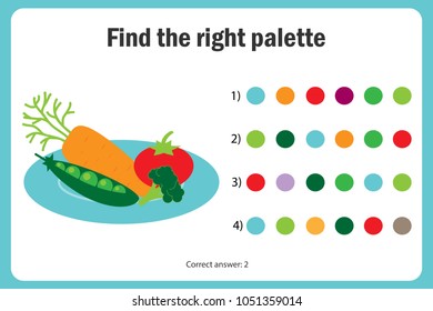 Find the right palette to the picture, different vegetables in cartoon style, education paper game for the development of children, kids preschool activity, printable worksheet, vector illustration