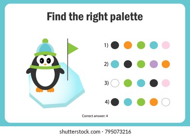 Find the right palette to the picture, penguin in cartoon style,  education paper game for the development of children,  kids preschool activity, printable worksheet, vector illustration