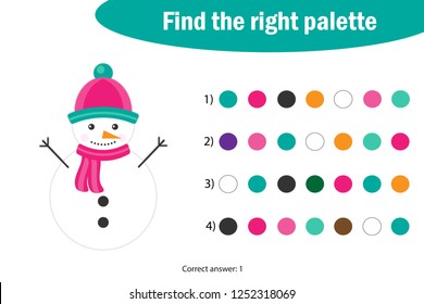 Find the right palette to the picture, snowman in cartoon style, christmas education paper game for the development of children, kids preschool activity, printable worksheet, vector illustration