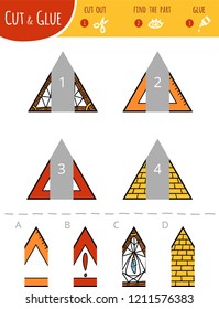 Find the right part. Cut and glue game for children. Cartoon set of geometric shapes. Triangles. 