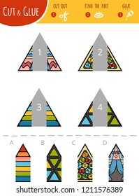 Find the right part. Cut and glue game for children. Cartoon set of geometric shapes. Triangles. 