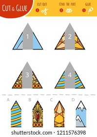 Find the right part. Cut and glue game for children. Cartoon set of geometric shapes. Triangles. 