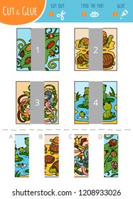 Find the right part. Education cut and glue game for children. Set of cartoon illustration about animals - frogs, snakes, tortoises and bugs