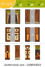 Find the right part. Education cut and glue game for children. Cartoon set of geometric shapes. Squares. 