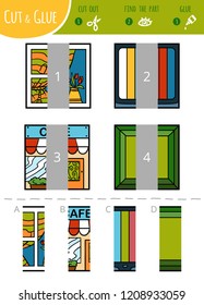 Find the right part. Education cut and glue game for children. Cartoon set of geometric shapes. Squares. 