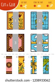 Find the right part. Education cut and glue game for children. Cartoon set of geometric shapes. Squares. 