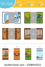 Find the right part. Education cut and glue game for children. Cartoon set of geometric shapes. Rectangles. 