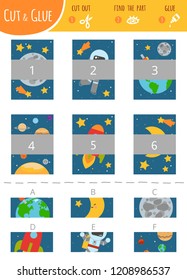 Find the right part. Education cut and glue game for children. Color set of cartoon illustration about space and astronomy