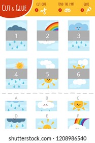 Find the right part. Education cut and glue game for children. Color set of cartoon illustration about the sky and weather