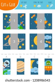 Find the right part. Education cut and glue game for children. Color set of cartoon illustration about space and astronomy