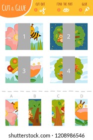 Find the right part. Education cut and glue game for children. Color set of cartoon illustration about insects and birds