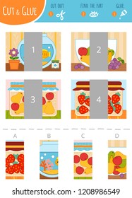 Find the right part. Education cut and glue game for children. Color set of cartoon illustration. Aquarium, bowl of fruit, jar of jam