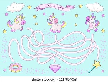 Encuentra el camino correcto de los tres bonitos unicornios a los regalos. Niñas graciosas, adivinen. Página de juegos y actividades artísticas para niños. Juego de mesa con laberinto. Ilustración vectorial.