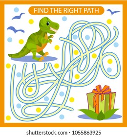Find the right path from dinosaur to gift. Children maze. Funny cartoon riddle entertainment and amusement. Kids art game and activities jigsaw. Vector illustration.