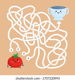 Find the right path logic quest for kids. Help cute tomato find the right path to bowl. Happy labyrinth. Colour maze game vector illustration. Kids worksheets. Online game. Find exit from the maze.