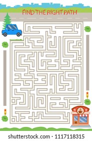 Find the right path maze from car to cafe. Children funny riddle entertainment and amusement. Kids art game and activity page. Board game with labyrinth. Vector illustration.