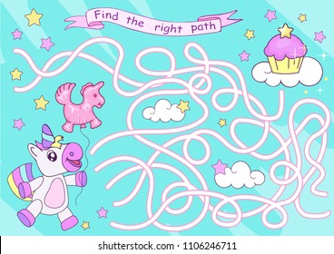 Find the right path maze from cute unicorn to cake. Children funny riddle entertainment and amusement. Kid’s art game and actives page. Kid board game with labyrinth. Vector illustration.