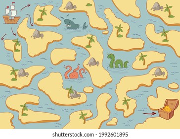 Find the right path on the map. Find pirate treasure. Old treasure map. Children puzzle. Colorful cartoon characters. Funny vector illustration