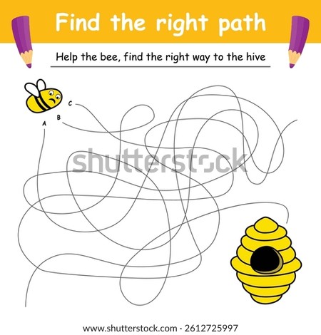 Find the right path. preschool learning picture design. maze game. educational labyrinth for children. way search puzzle. vector illustration