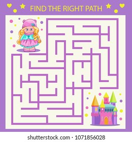 Find the right path from princess to castle. Children maze. Funny cartoon riddle entertainment and amusement. Kids art game and activities jigsaw. Vector illustration.