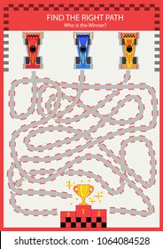 Find the right path for racing cars. Children maze. Funny cartoon riddle entertainment and amusement. Kid’s art game and activities jigsaw. Vector illustration.